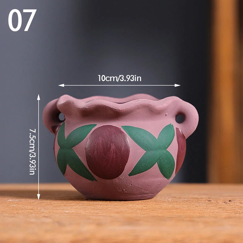Mediterranean Style Flower Pot Retro Red Pottery Flower Pots Vintage Printed Creative Ceramic Succulent Planters Indoor Outdoor