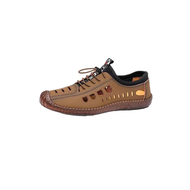 Men's Soft Leather 2024 Summer Men Leather Sandals Breathable Non-slip Cow Tendon Sole Casual Leather Shoes Outdoor Beach Shoes