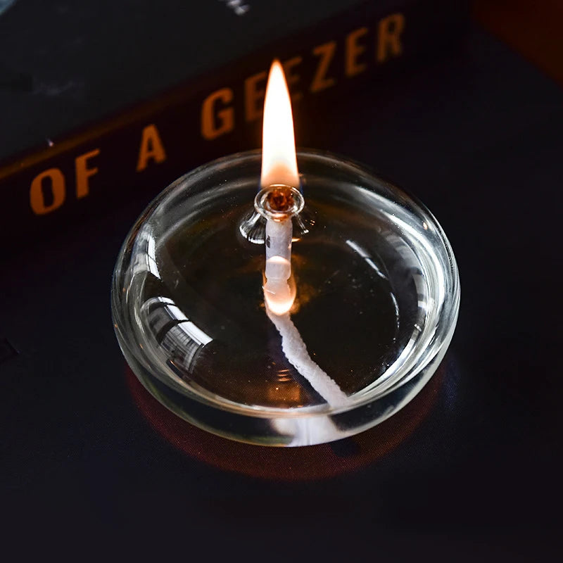 Handmade Oblate Transparent Glass Candlestick Oil Lamp with Wick Dinner Table Candle Rustic Christmas Home Decoration