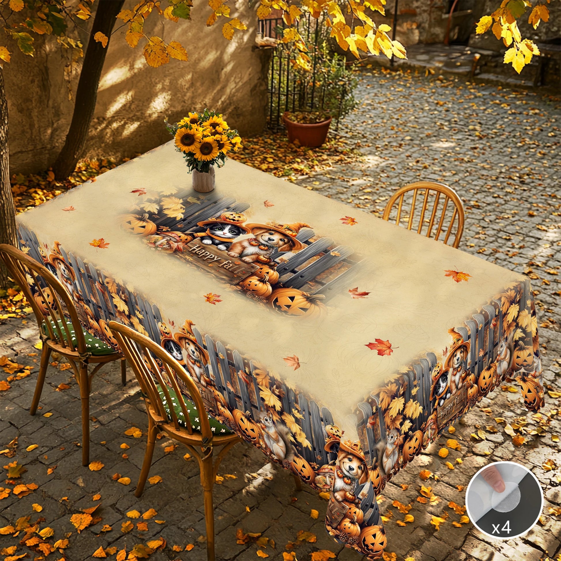 1 Piece of Autum Thanksgiving Themed Printed Tablecloth, Retro Country Farmhouse Style, Puppy, Kitten, Pumpkin Pattern Design, for Holiday Parties, Camping Picnic, Garden Birthday Party Decoration, Kitchen Accessories, Dining