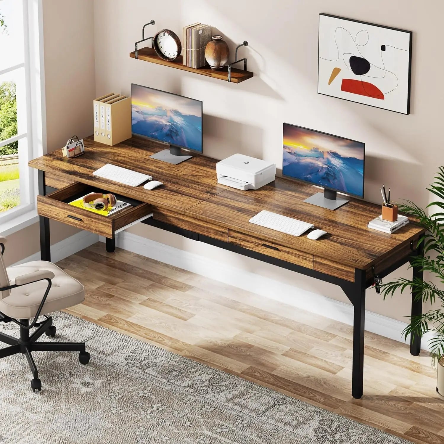 Computer Desk, 200 x 60 x 82 cm, Double Long Desk with 2 Drawers, Office Table, Work Table, Office Furniture