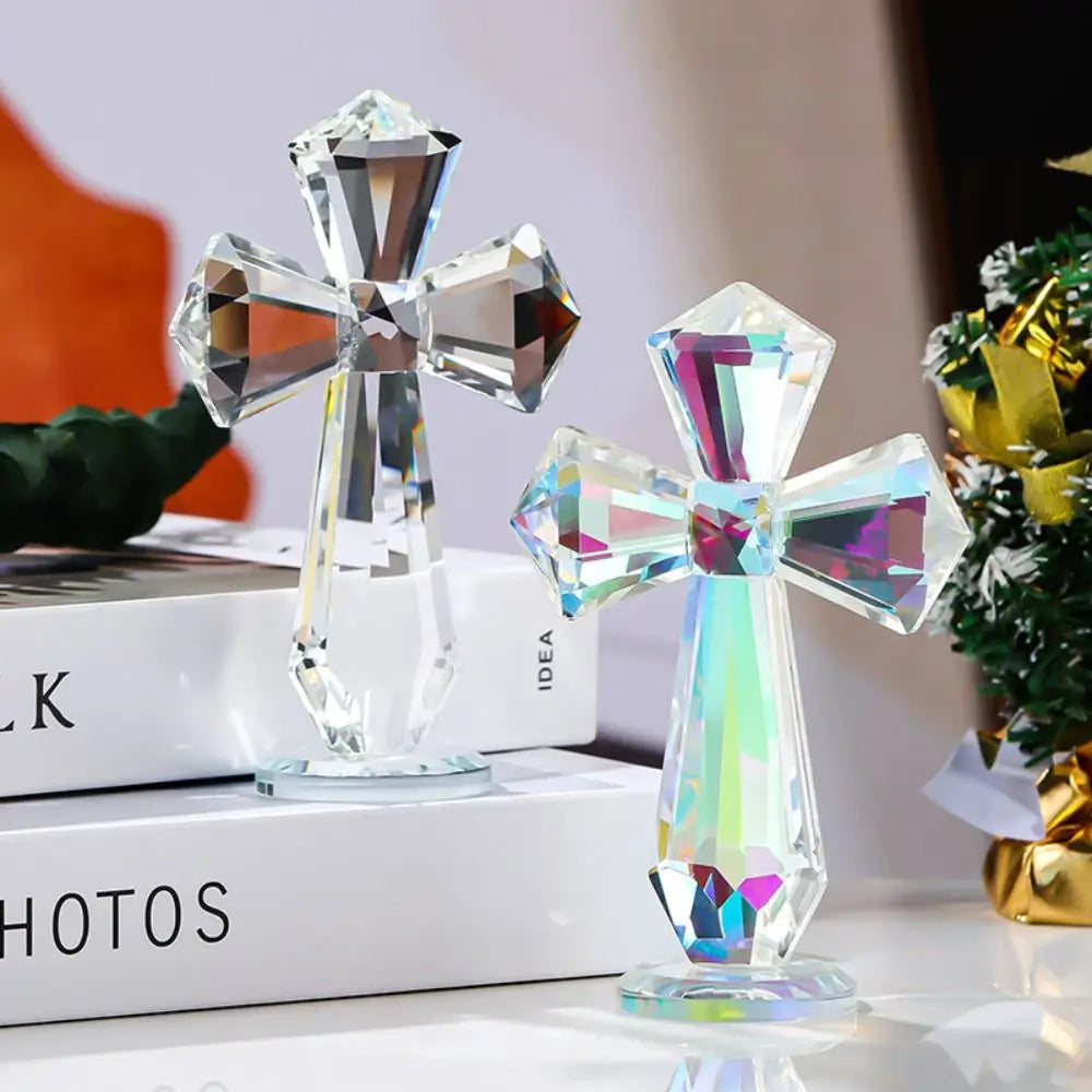 Hand-carved AB Color Crystal Cross Ornament Standing Exquisite Christian Cross Crafts Handmade Crosses Figurine Religious Gift