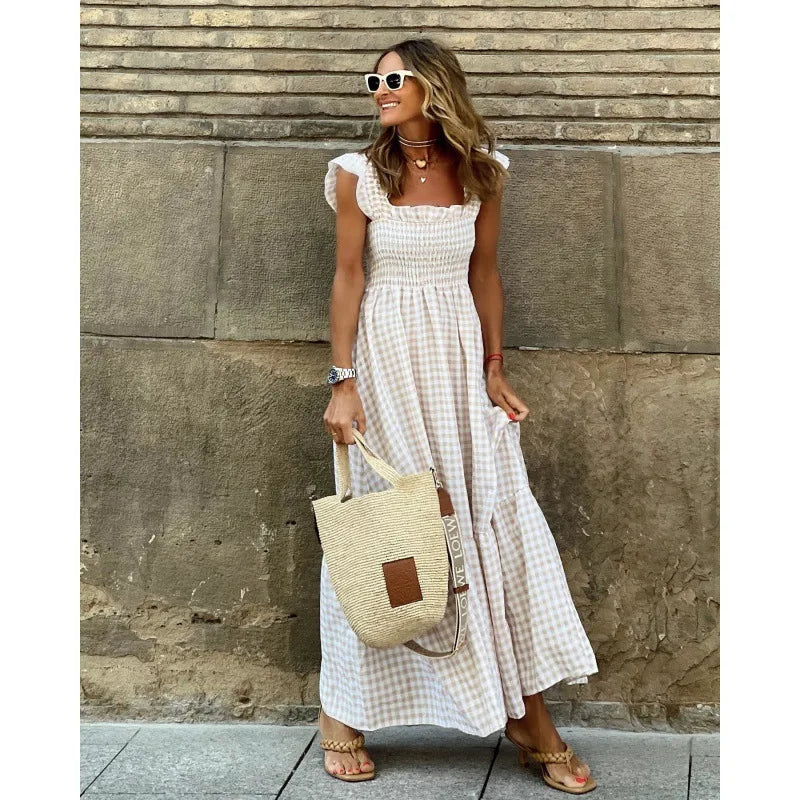 Luxury Ruffle Fly Sleeve Long Dress Square Neck Large Swing Plaid Party Evening Dress Casual Retro Beach Holiday Women's Clothes