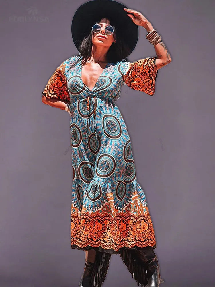 2025 Quick-drying Bohemian Printed Loose Summer Beach Dress Moroccan Kaftan Women Plus Size Beachwear Tassel Midi Dress Q897