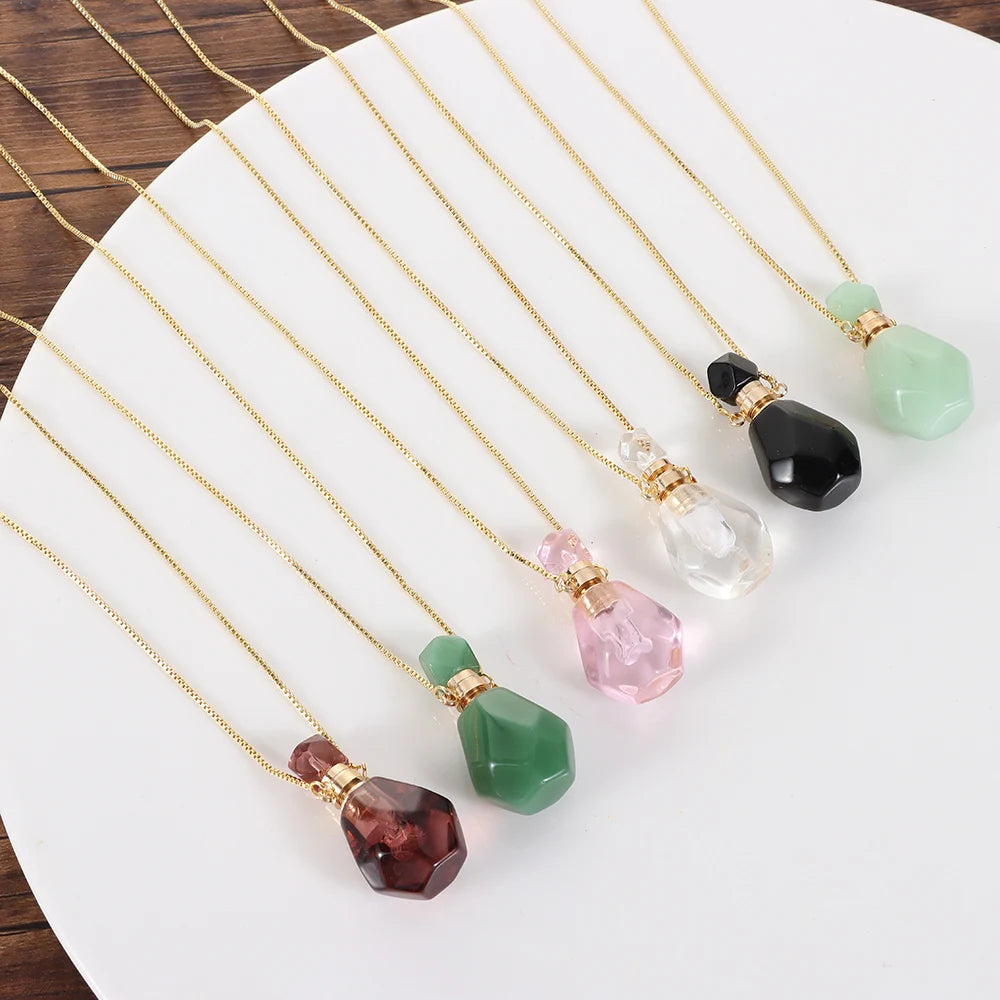 Natural Stone Perfume Bottle Necklace Amethysts Quartz Water Drop Pendant Necklace Crystal Essential Oil Diffuser Vial Jewelry