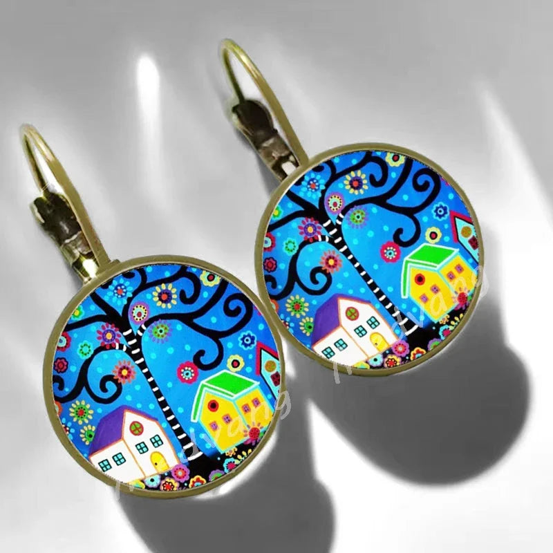 2024 Natural Scenery Earrings beautiful village Women Stud Earring  Abstract Oil Painting House Glass Cabochon Earrings  jewelry