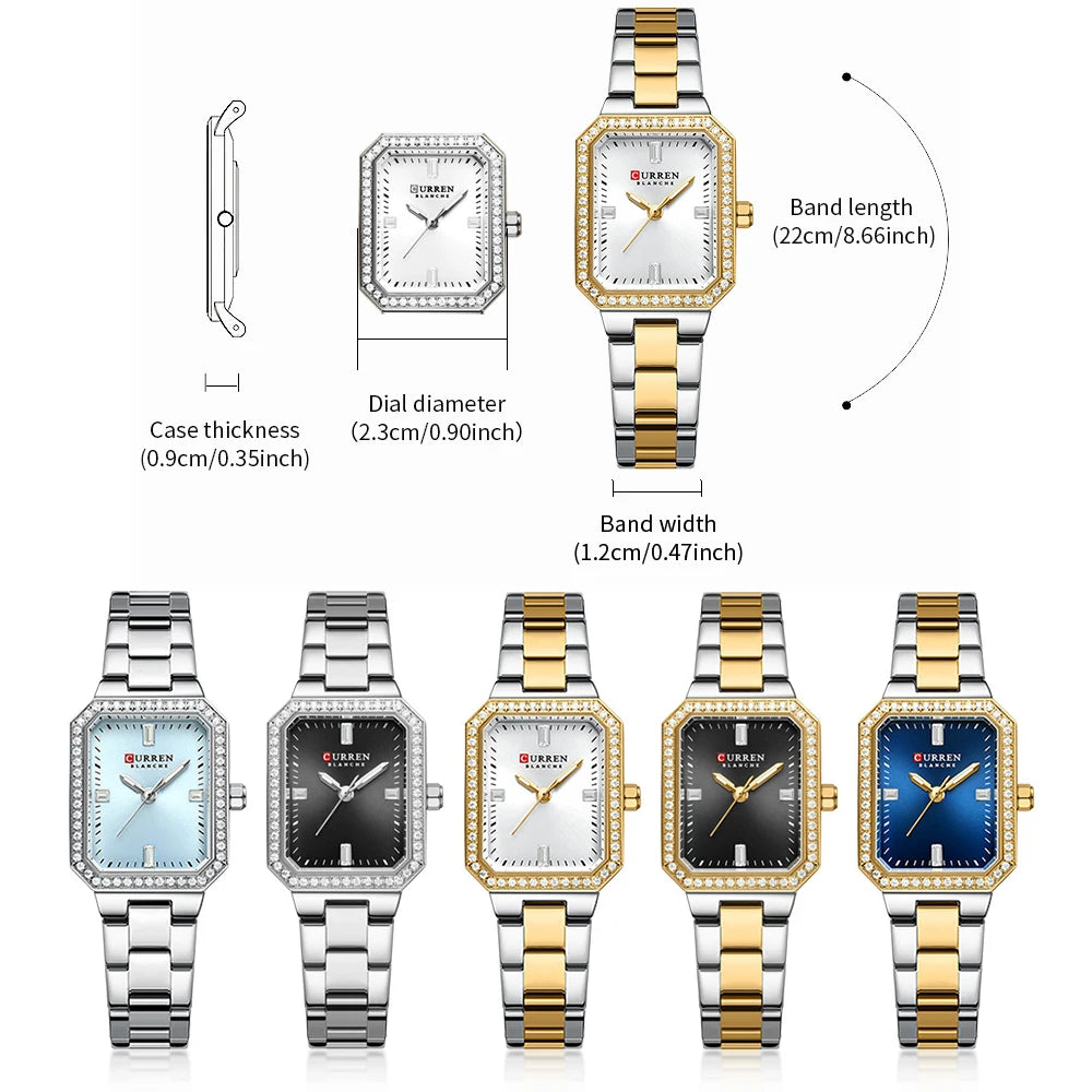 CURREN Luxury Brand Watches for Women Simple Rectangular Dial with Sparkling Rhinestones Casual Quartz Wristwatch with Luminous