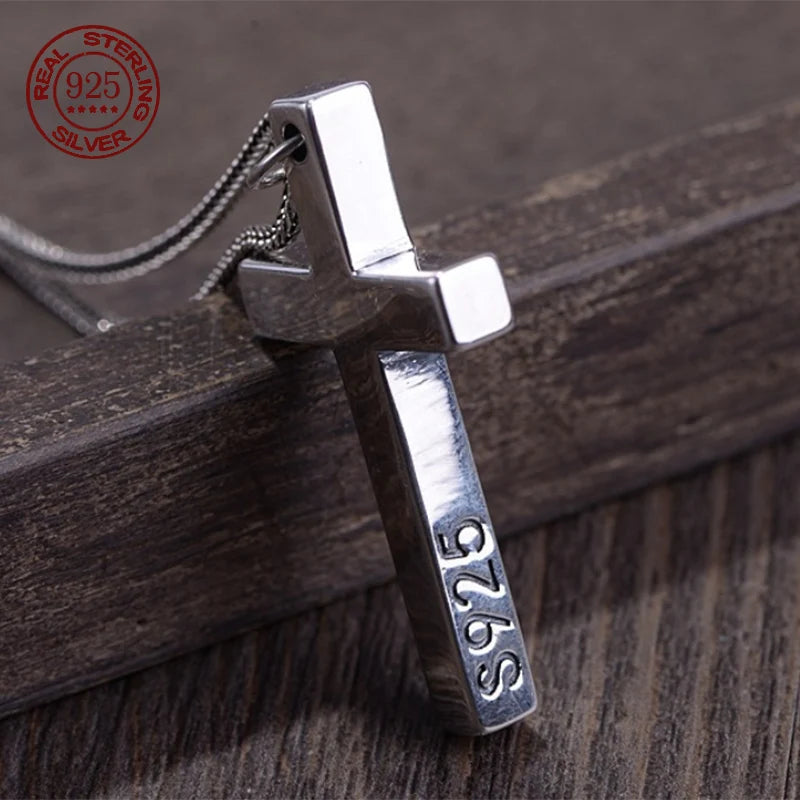 Real Solid 925 Silver Cross Pendant for Men Women Minimalist High Polished Fashion Classic Jesus Christian Prayer Jewelry