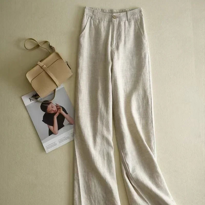 Fashion Cotton Linen Pants Women Elegant High Waist White Wide Leg Trouser Woman Casual Baggy Straight Streetwear Pants 2024