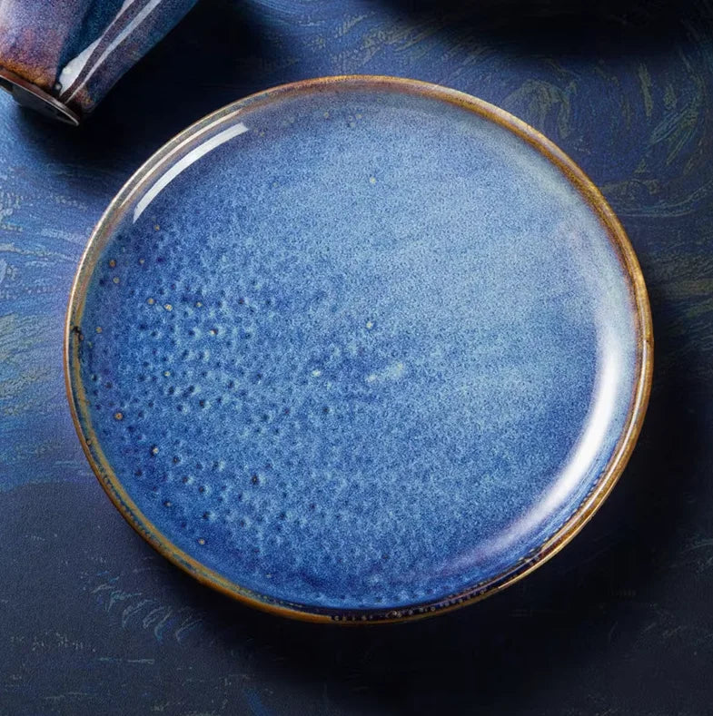 Ceramic Dinner Plate Tableware Blue Flat Dishes Dinnerware Food Serving Tray