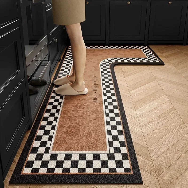 Kitchen Carpet L-shape Rug Brown Retro Waterproof Dirt-resistant Floor Mat Light Luxury Floral Anti-Slip Foot Mats Ковер Tapis