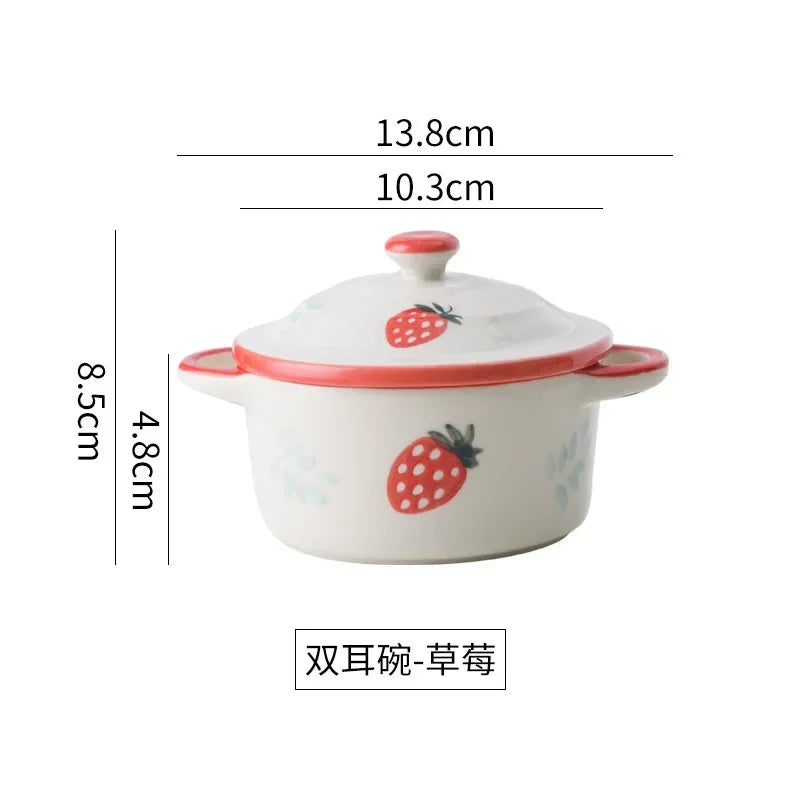 Ceramic Bowl Cartoon Double Ear Bowl with Lid Kid Food Supplement Bowl Ramen Bowl Salad Food Containers Microwave Oven Tableware