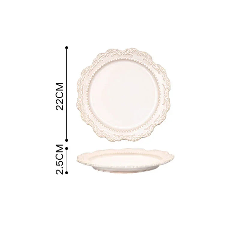 French Baroque Vintage Relief Dinner Plate Nordic Vintage Solid Color Carving Craft Dishes and Plates Sets Household Kitchenware