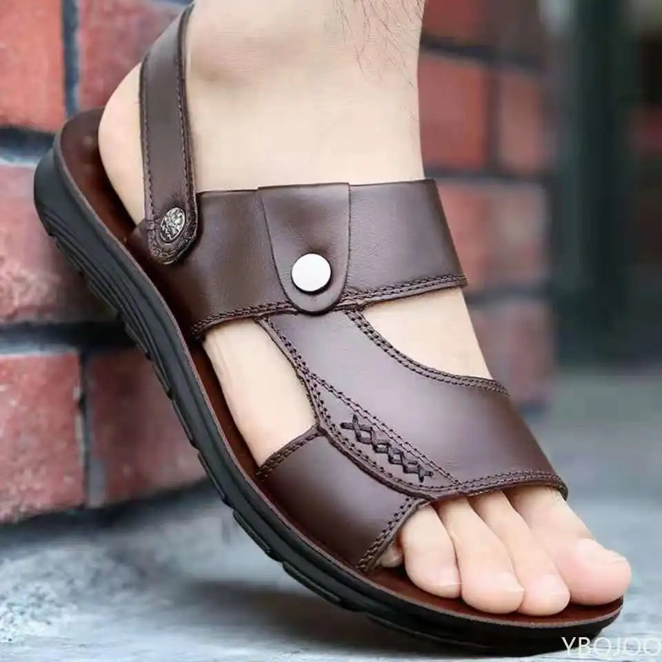 Men's Summer New Sandals and Slippers Men's Leather Sandals Adult Thick-soled Beach Shoes Non-slip Open-toe Leather Sandals