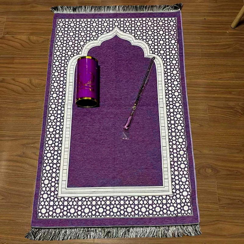 Muslim Prayer Mat with Rosary Beads and Gift Tube the Spire Pattern Islamic Rug Ramadan Decorative Floor Carpet Travel Gifts