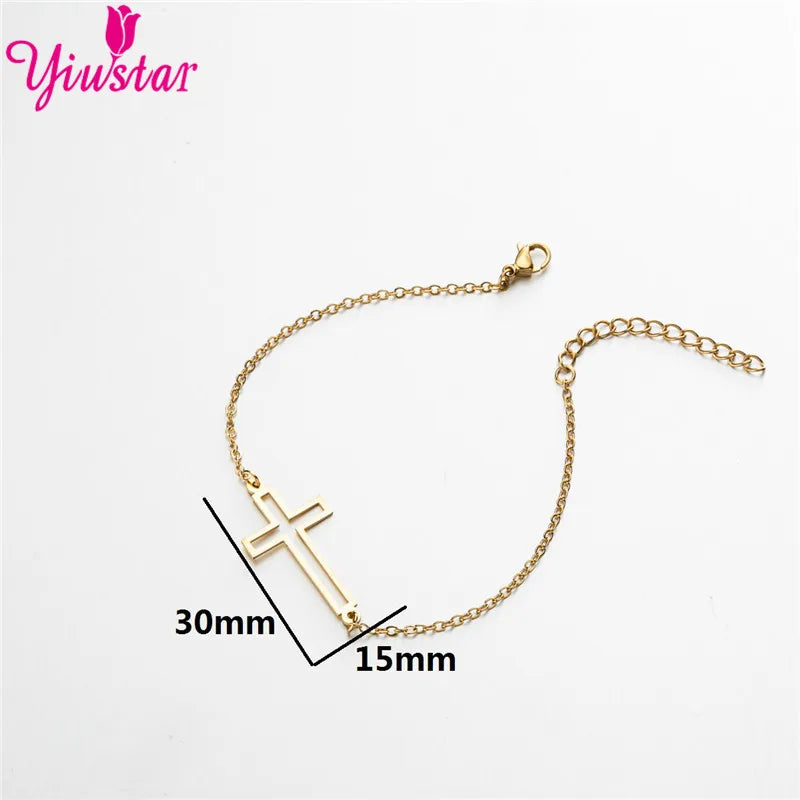 New Simple Christian Cross Stainless Steel Chain Bracelets for Women Men Religious Jewelry Lucky Cuff Bangles Gift Wholesale