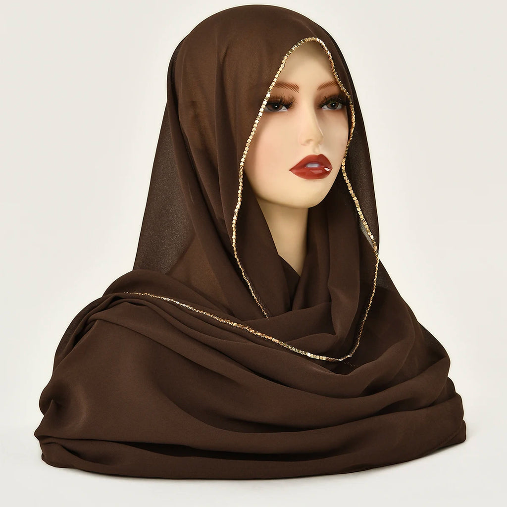 Rhinestone Chiffon Hijab Scarf For Women Stretch Shawl Plain Muslim Headband Fashion Solid Color Long Muffler