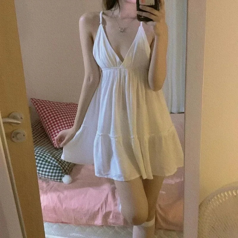 Sleeveless Pajamas Sweet Solid Colours Desirewomen Nightgowns Dresses Strapless Halter Solid Colours Sleeveless Dresses College