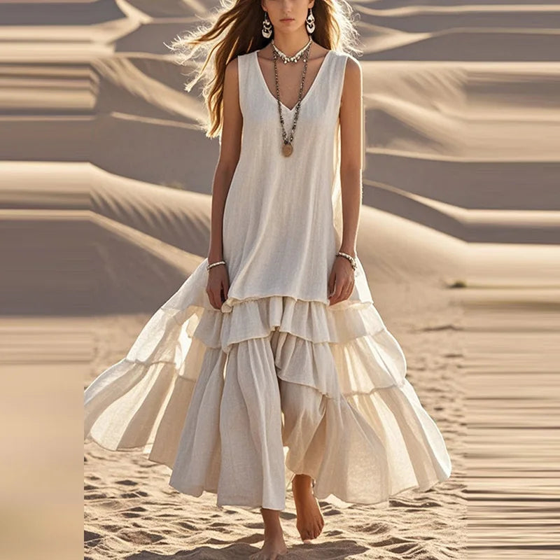 Cotton Linen Loose Women's Long Dress New Summer Sexy V Neck Sleeveless Solid Color Robe Dress Simple 2025 Pleated Casual Dress