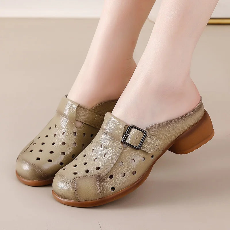 2025 Cow leather low heel sandals women's hollow out mules shoes woman buckle strap slipper sandals ladies elegant slip on shoes
