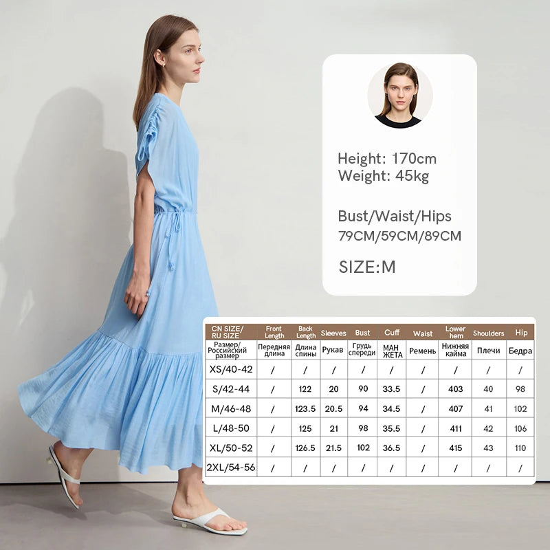 Amii Women's Dress Minimalist Summer New Loose Long Style Sleeveless V-Neck Ruffled Hem Drawstring Raglan Sleeve Dress 12542117