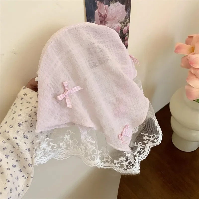 Red Woven Plaid Lace Hair Scarf Wraps Women Retro Triangle Headscarf Hat Travel Photo Headband Girl Hair Accessories