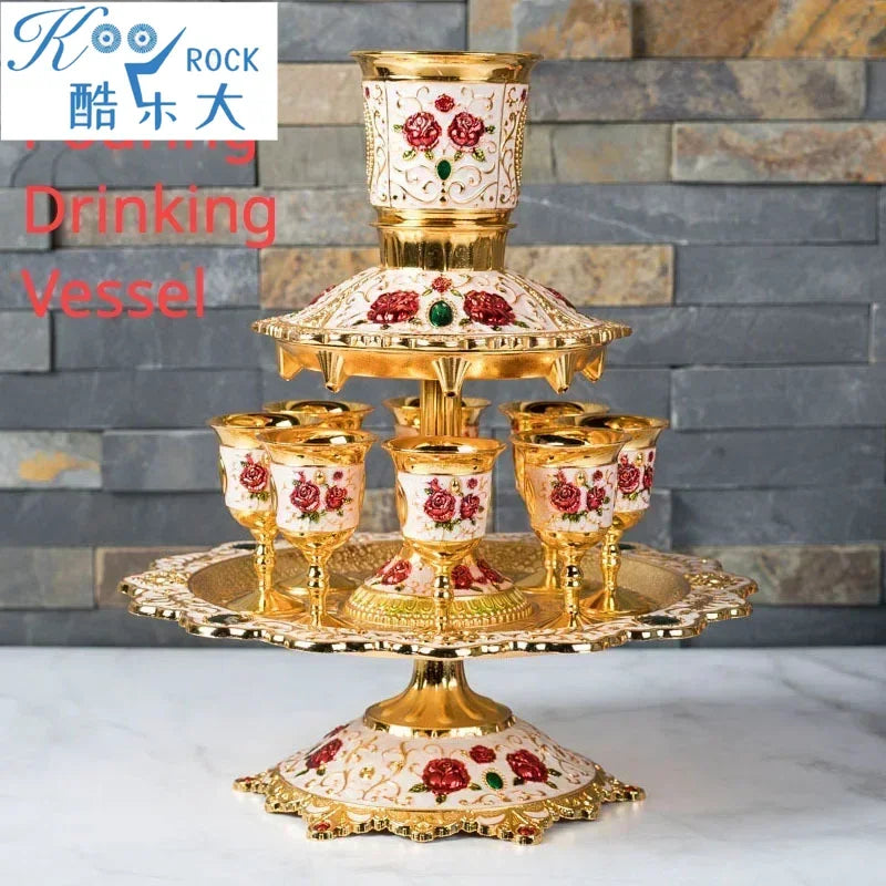 Kiddush Cup & Fountain, Dinner Gathering Wine Pouring Pot Dispenser, Wine Glass Holder Gift Set Copper Alloy