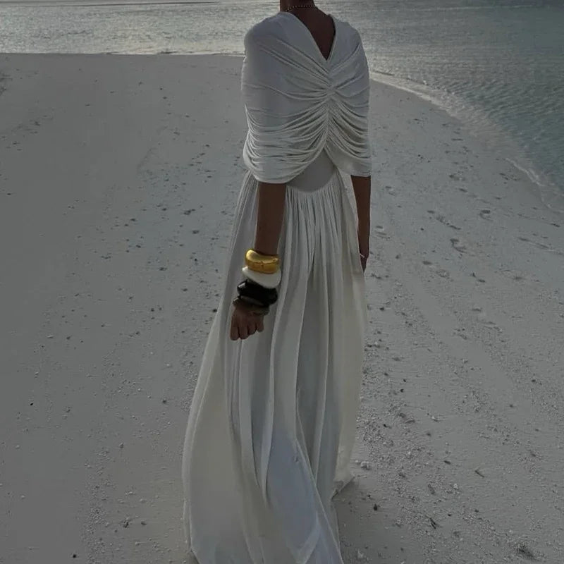 Women Shawl Patchwork Folds High Street Dresses Summer Ladies Elegant Temperament White Lady Chic Evening Gown For Women 2025