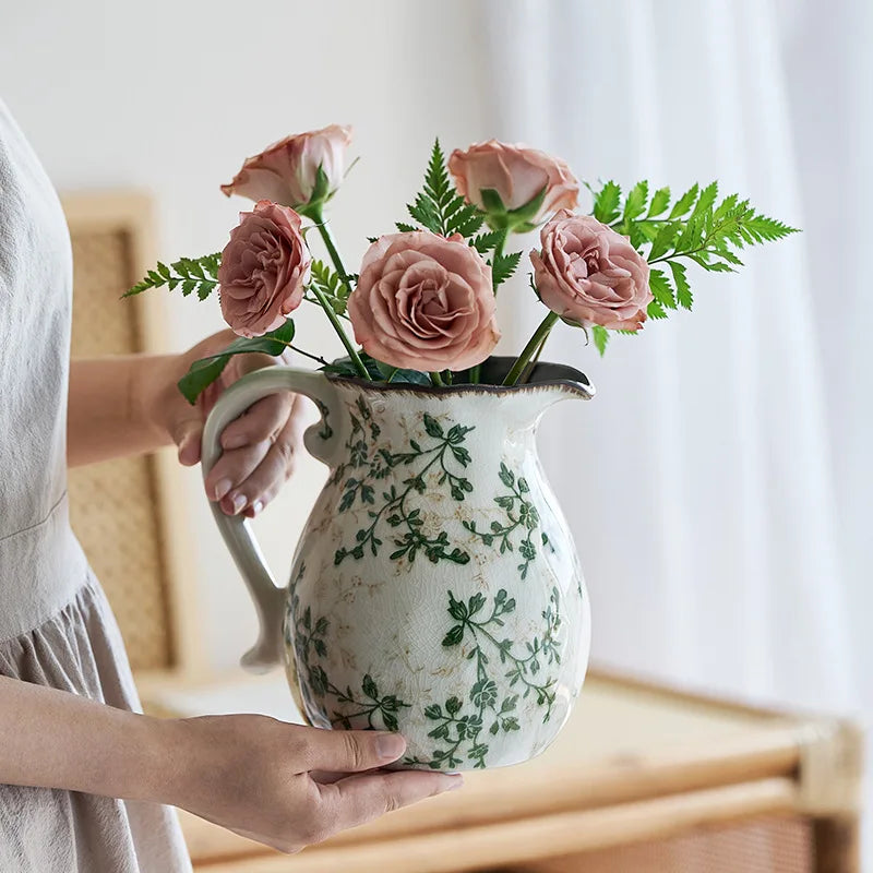 Rustic Country Ice Cracked Milk Pitcher Ceramic Vase Pastoral Scenery Ornament for Flower Arrangement Vintage Decorative Home
