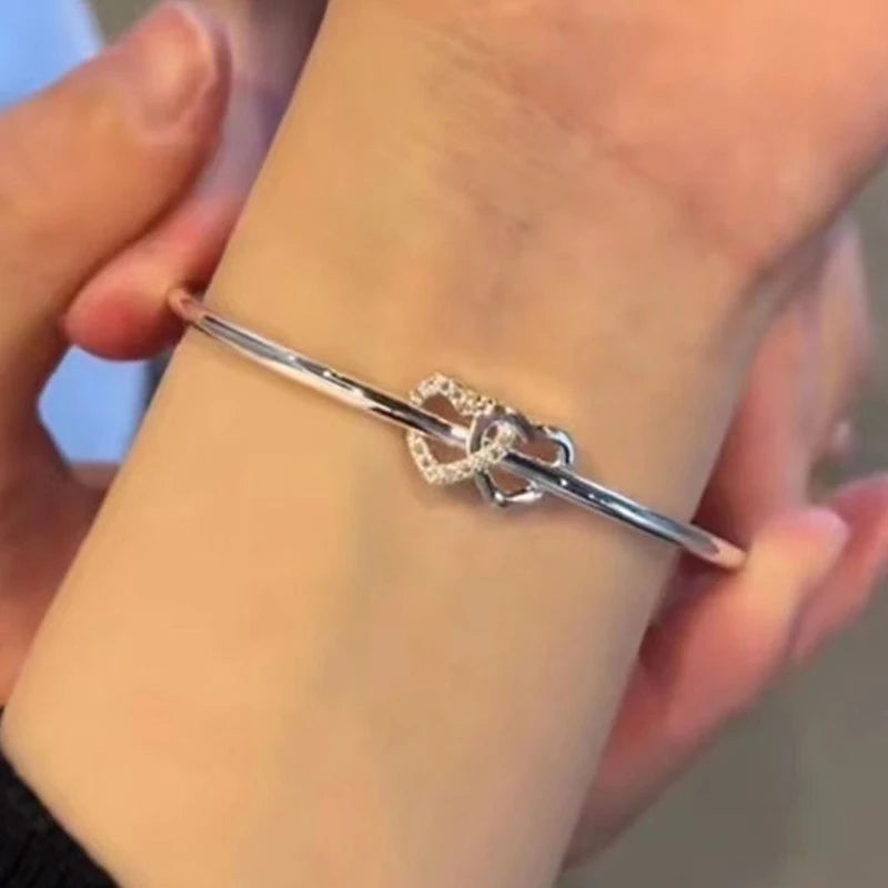 Fashion Silver Color Hollow Double Heart Bangle Women Shining Zircon Charm Bracelet Adjustable Minimalist Style Jewelry Gifts