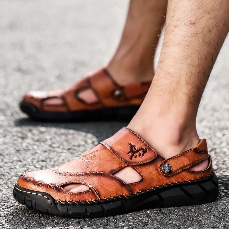High quality leather flat sandals for men round toes new summer 2025 size 49 50 casual outdoor walking big size shoe black brown