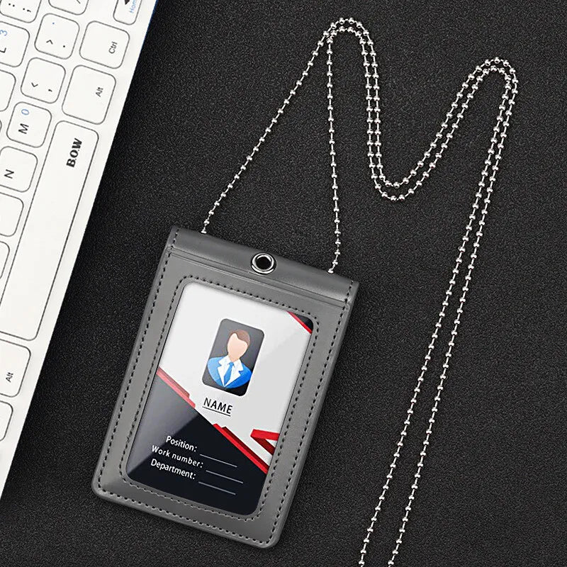 Genuine Leather ID Badge Holder Name Tag Chest Card Holders with Neck Lanyard Formal Staff Office Worker Supplies Magnet Hasp