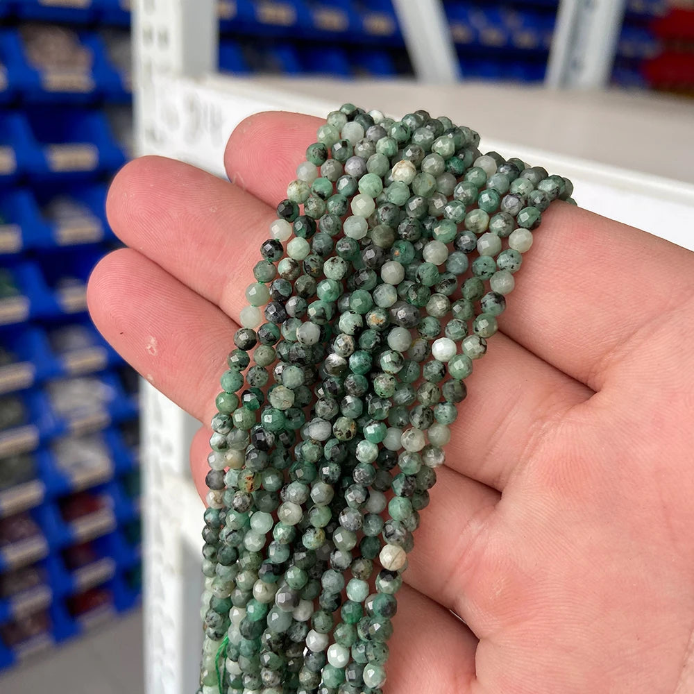 Micro Faceted Bead Natural Stone Beads Facted Green Emeralded 2 3 mm Spacer Loose Beads for Jewelry Making Necklace DIY Bracelet