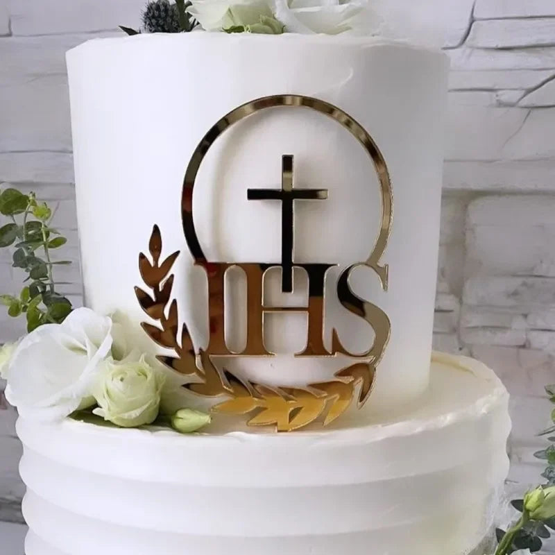 Cross Christ Jesus Birthday Cake Topper Gold Acrylic Dove Cross for Eucharist Baby Baptism Party Cake Toppers Dessert Decoration