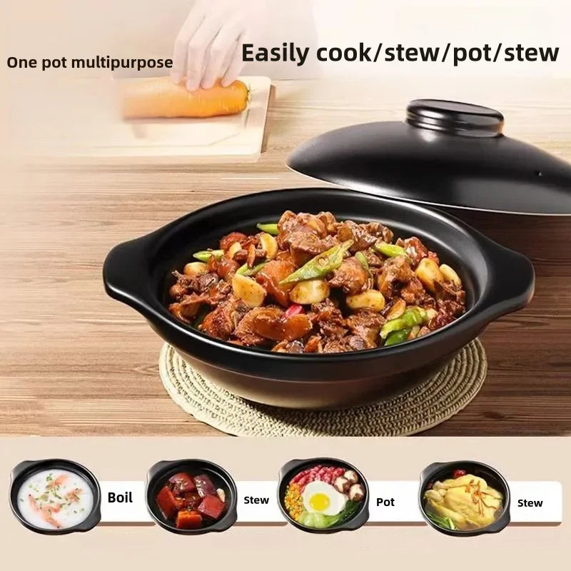 1 ceramic clay pot with lid - Traditional Asian style restaurant grade clay pot for cooking delicious rice, shallow stone bowl