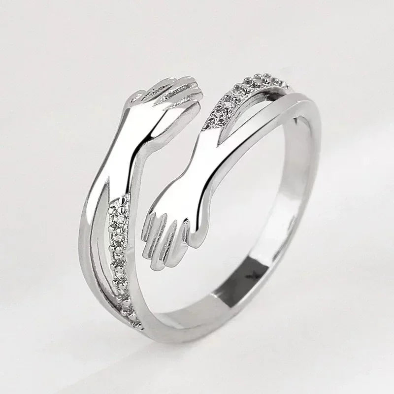 Adjustable Ring Novelty Love Hug Charms Open Band Minimalist for Men Women 925 Sterling Silver Couple Lover Dating Jewelry