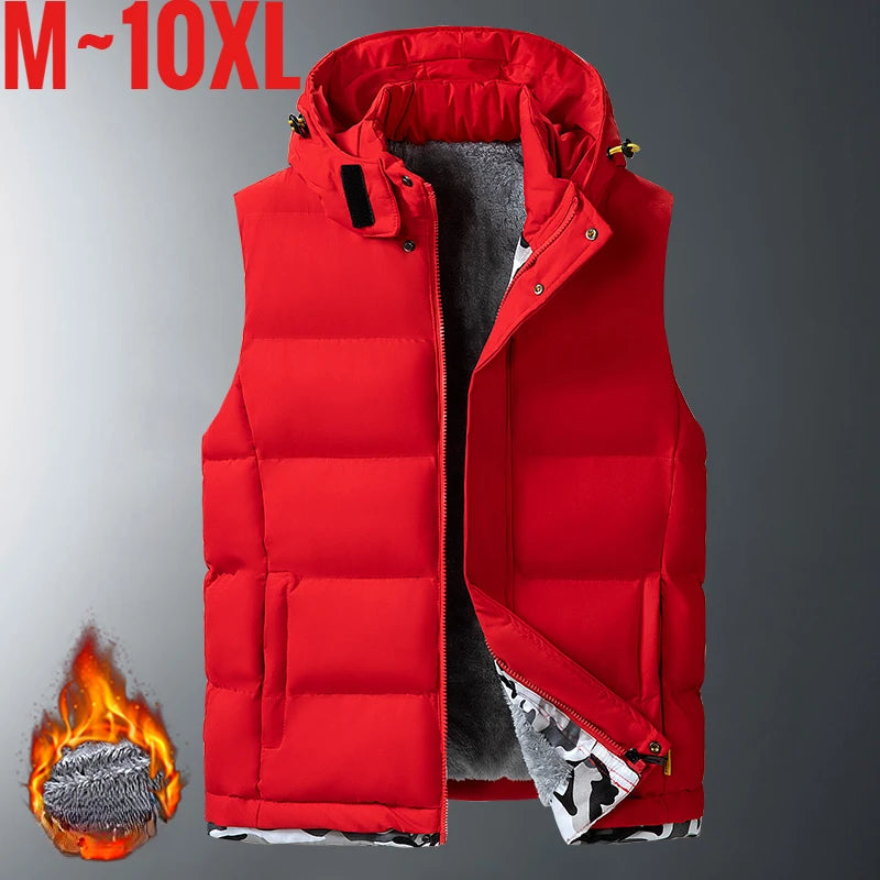 Big Size Men's Padded Vest Hooded Zip-up Fleece lined Sleeveless Jacket Male Winter Thick Warm Brushed Work Hiking Plus 9XL 10XL