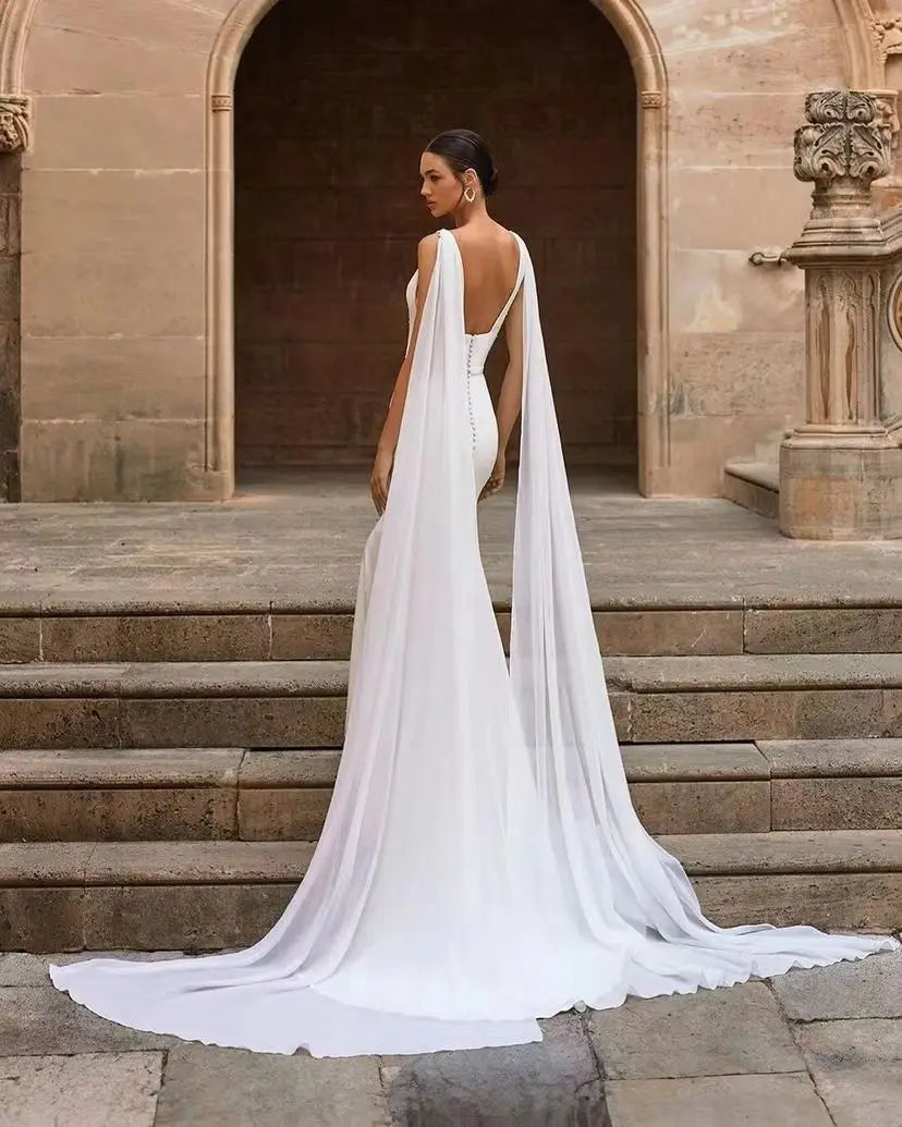 Msikoods 2025 Mermraid Wedding Dresse Cape Customized Backless Minimalist Bride Dress Backless Belt Civil Women Bridal Dress
