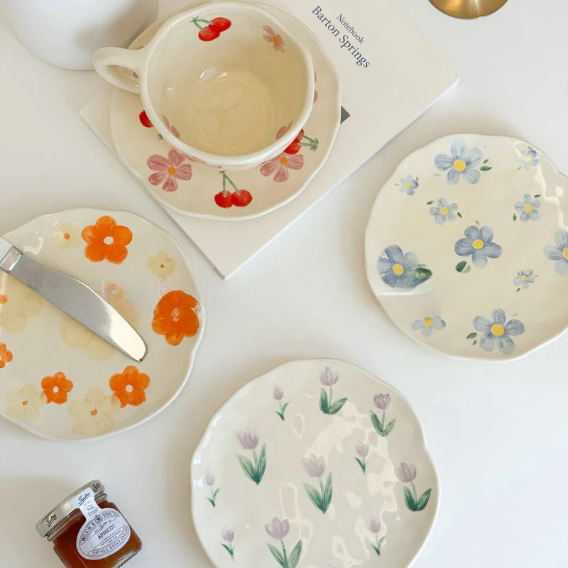 Ceramic Hand-painted Flower Pattern Ceramic Plate Underglaze Color Gifts Saucers Coffee Cup Dish Snacks Dessert Plates Tableware