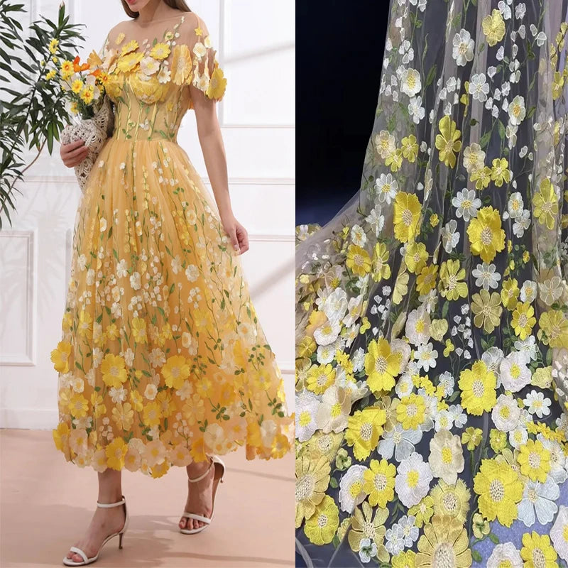 Unilateral embroidered cloth 3D applique embroidered fabric high-end women's dresses wedding dress material