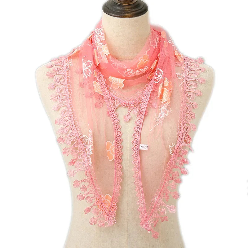 Fashion Women Triangle Wrap Fringed Shawls Head Scarf Tassel Embroidery Lace Scarves Flower Hijab Bandana Prayer Kerchief Church