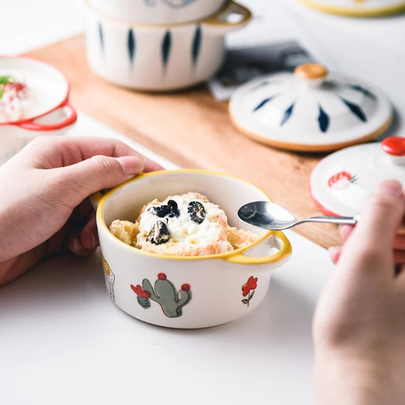 Ceramic Bowl Cartoon Double Ear Bowl with Lid Kid Food Supplement Bowl Ramen Bowl Salad Food Containers Microwave Oven Tableware