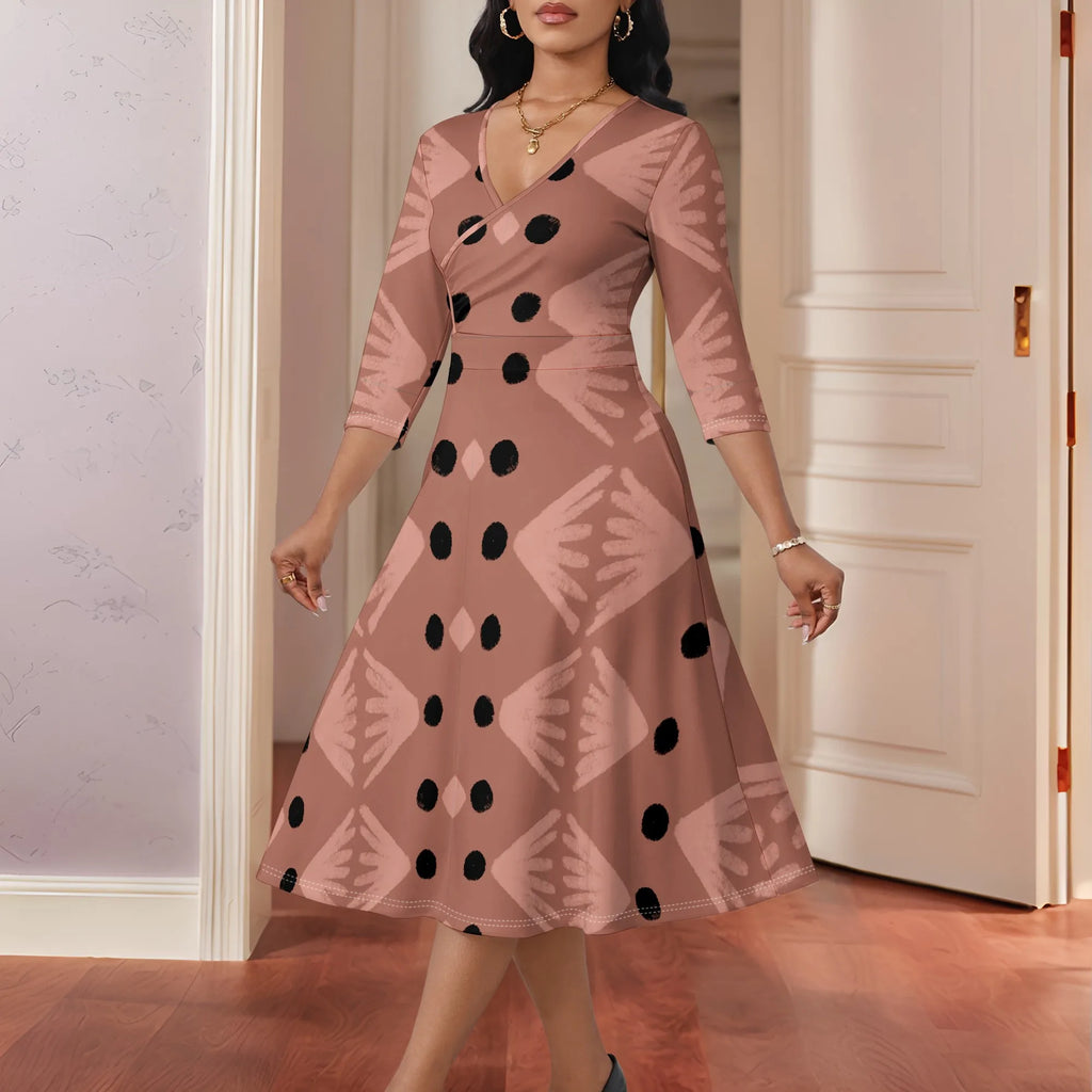 Mudcloth Inspired Print Wrap Dress XS-3XL Modern Afro A-Line Style with V-Neck for Juneteenth, Gallery Visit or Boho Fall Look