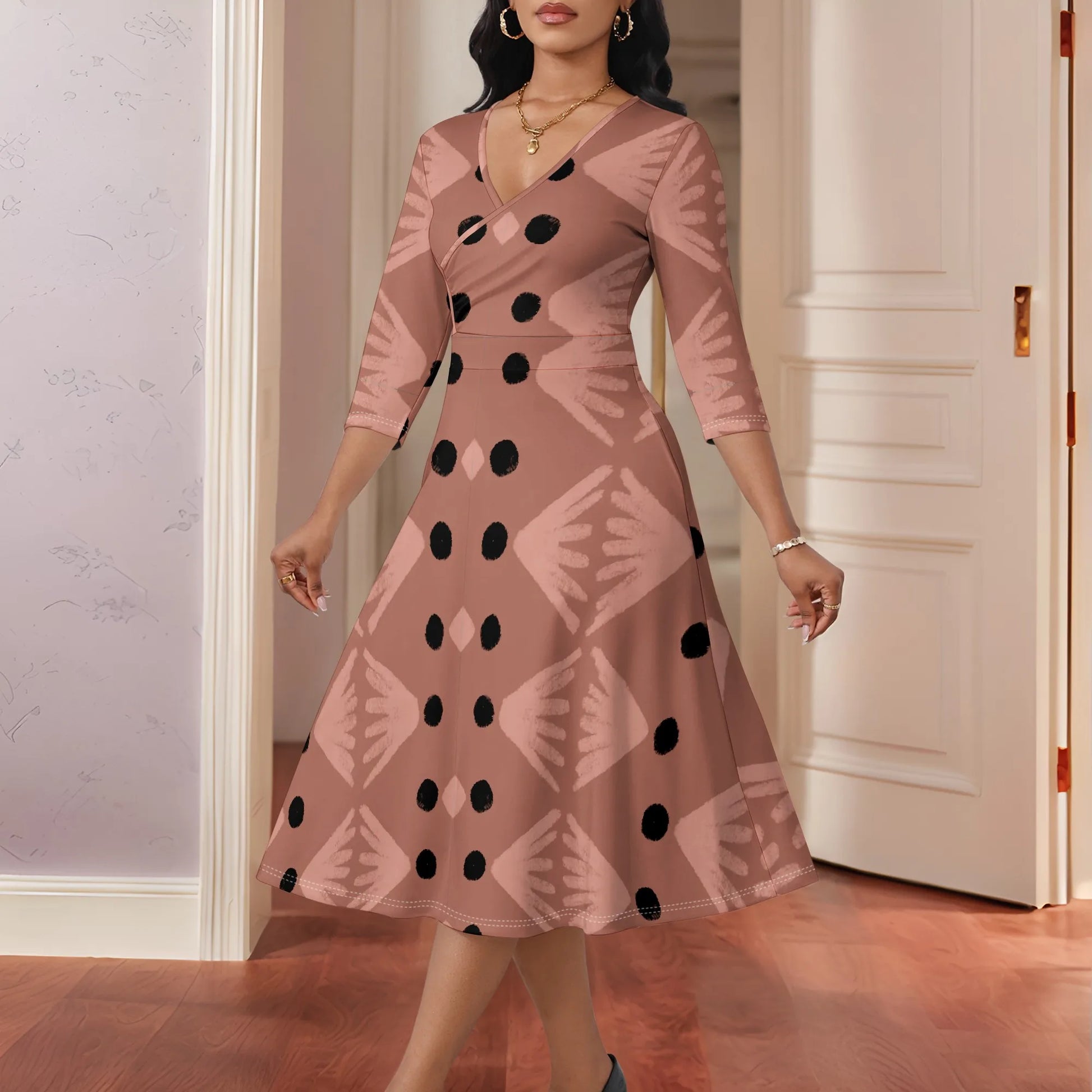 Mudcloth Inspired Print Wrap Dress XS-3XL Modern Afro A-Line Style with V-Neck for Juneteenth, Gallery Visit or Boho Fall Look