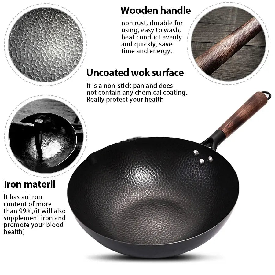 Pure Iron wok cast iron pan Non-coated Pot General use for Gas and Induction Cooker 32cm Chinese Wok Cookware Pan
