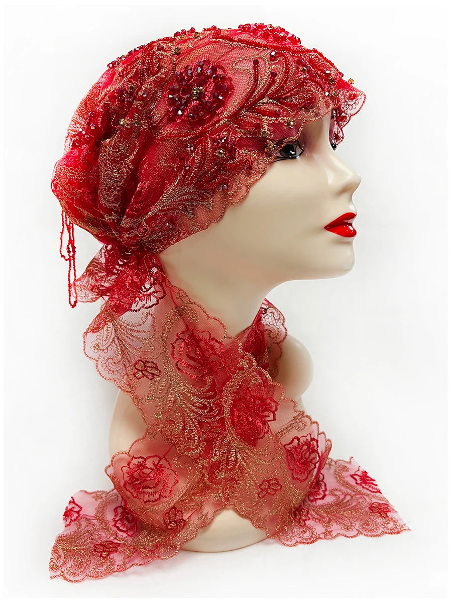 Explosive Head Cover Mesh Fabric Hand-Embroidered Hanging Beaded String acrylic Ribbon Hats Dubai New Muslim Arabic Worship Hat