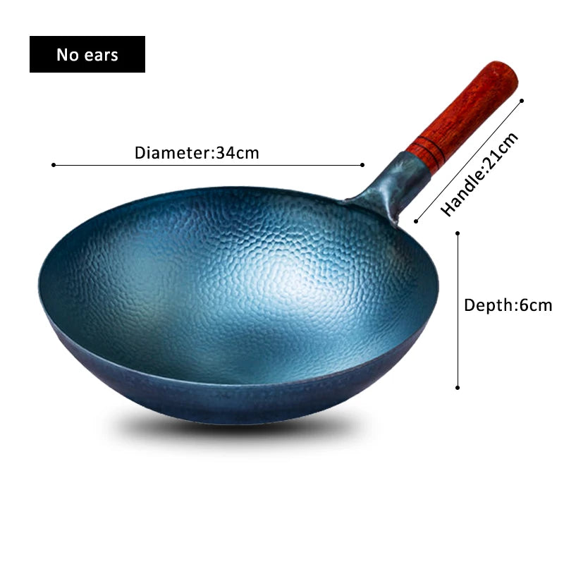 Hammered Cast Iron Wok,Carbon Steel Round Bottom Wok ,Blue Kitchen Cookware,Beech Handle Uncoated Non-stick Pan for Gas Stoves