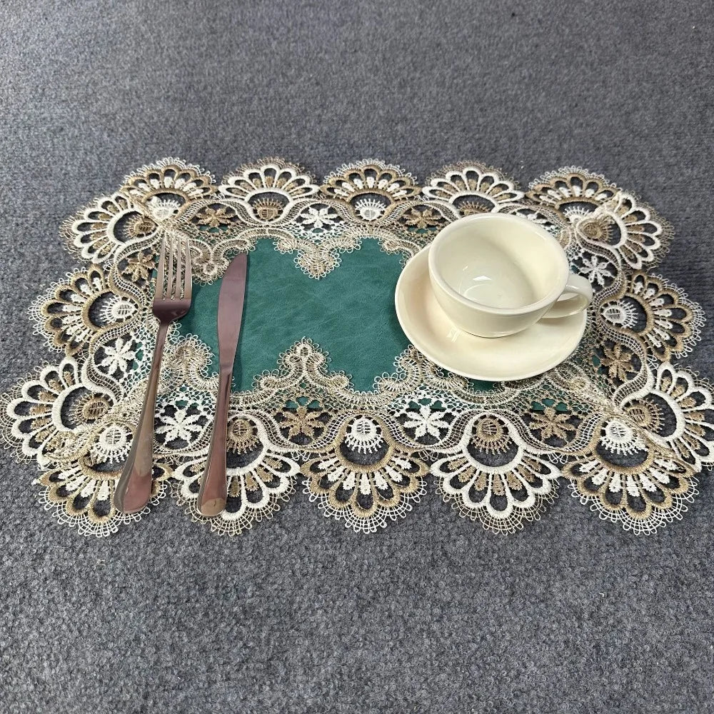 Fashionable Lace Table Cloth European Style Floral Embroidery Table Cloth Waterproof PU Mat Table Ornament