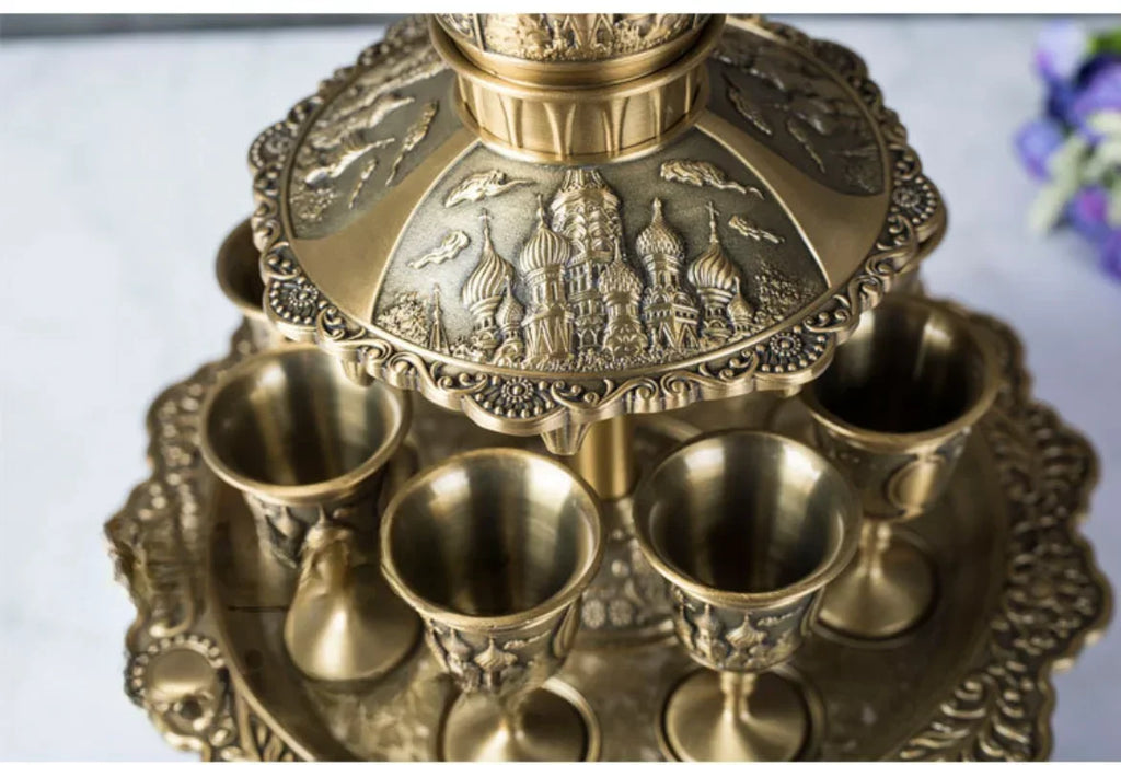 Kiddush Cup & Fountain, Dinner Gathering Wine Pouring Pot Dispenser, Wine Glass Holder Gift Set Copper Alloy