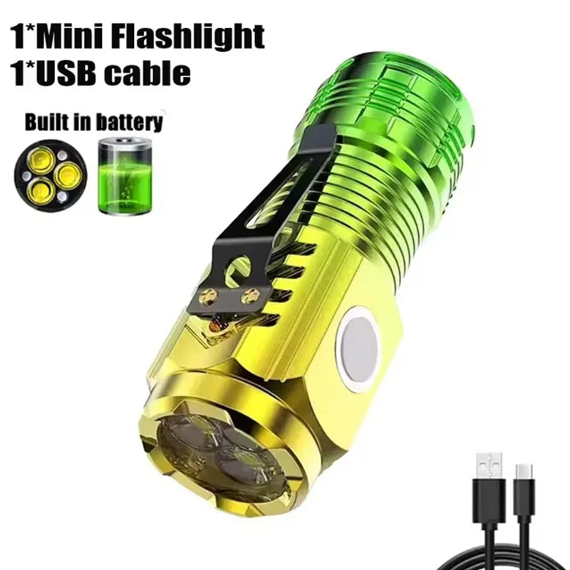 Tactical USB Rechargeable Mini Flashlight Super Bright Outdoor 3 LED Torch Clip Magnet Work Light For  Hiking Camping Car Repair
